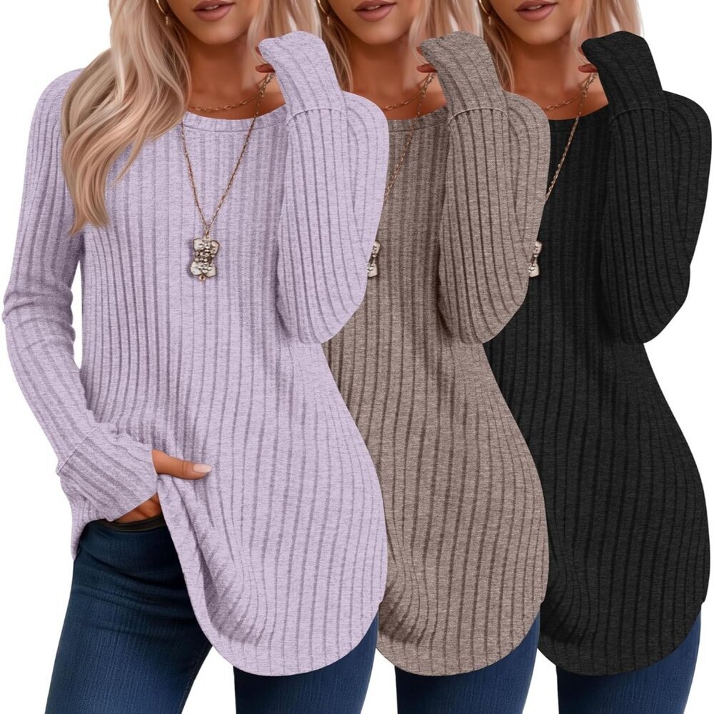 Long Sleeve Sweaters 3 Pack Women Ribbed Tunic Tops With Thumb Hole